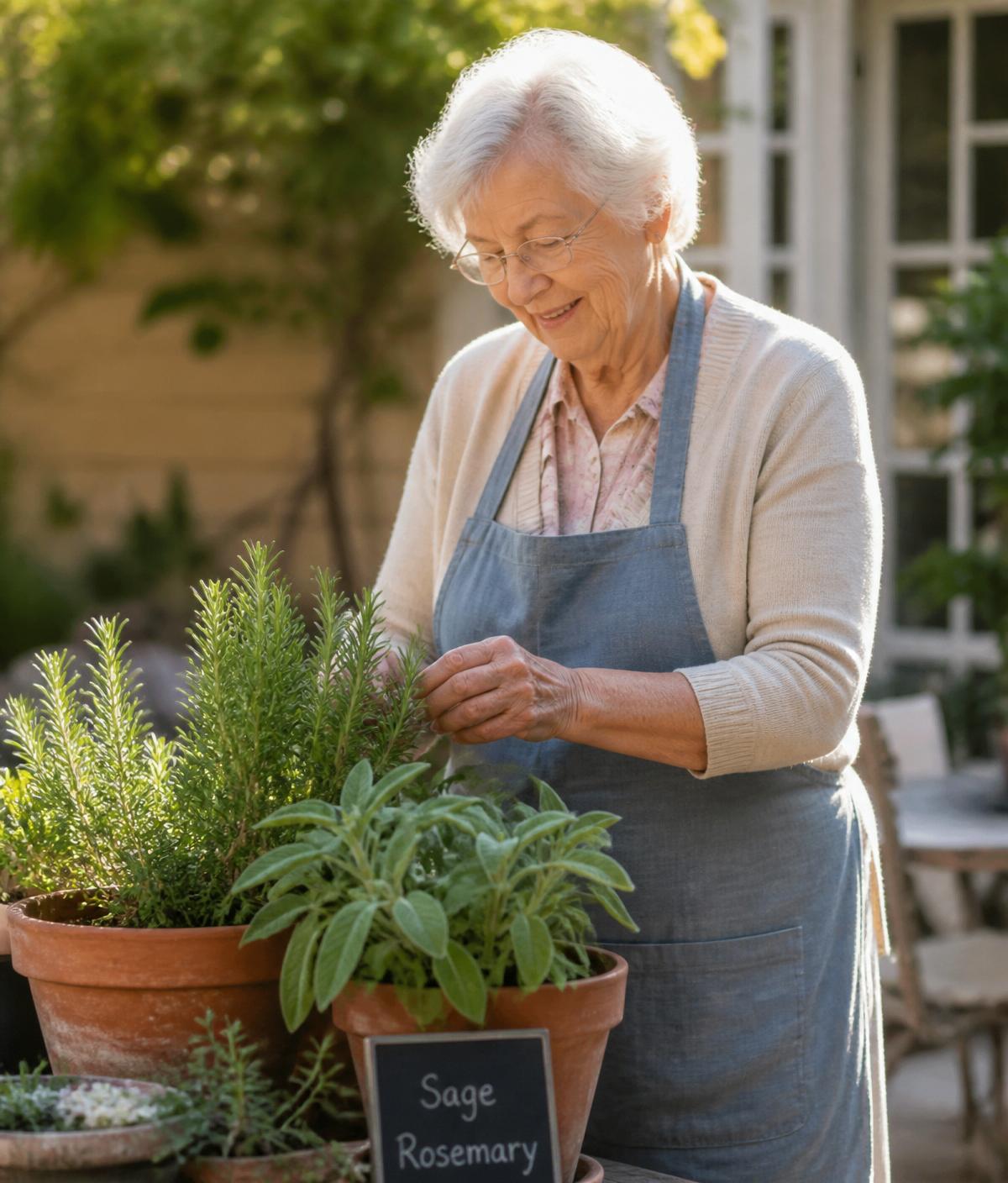 A resident tending herbs in the garden